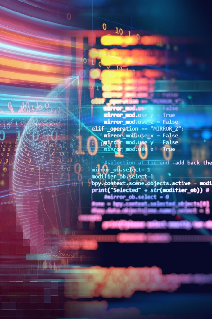 Code lines in front of a digital Earth
