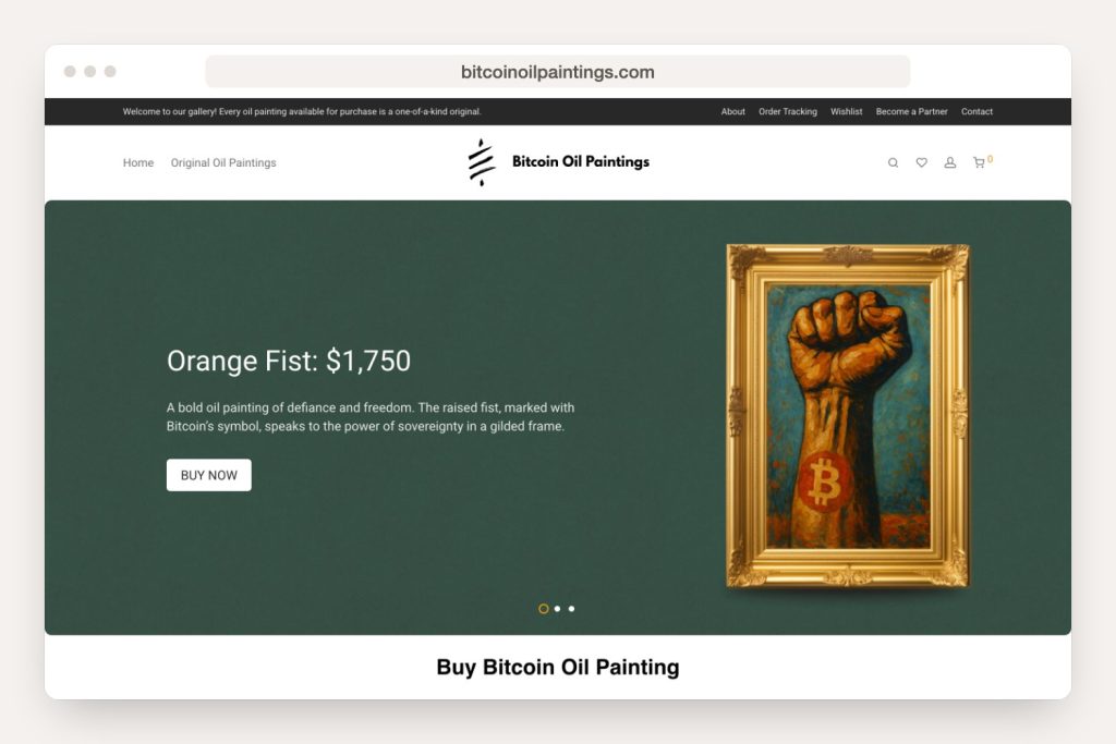 A look at the bitcoinoilpaintings.com home page on desktop