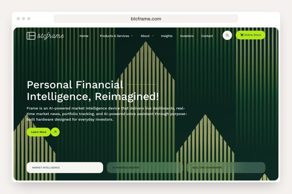 A look at the btcframe.com home page on desktop