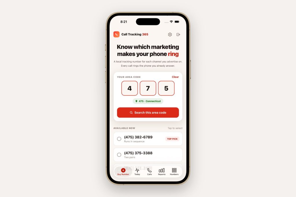 The Call Tracking 365 app's main screen on a gold iPhone