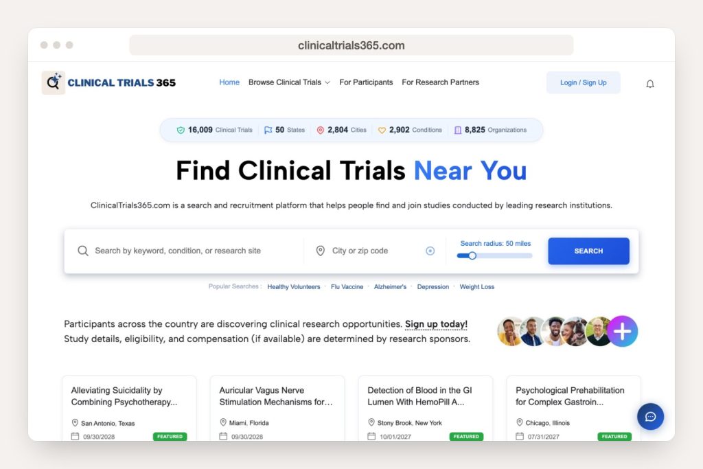 A look at the clinicaltrials365.com home page on desktop