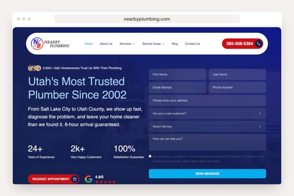 A look at the nearbyplumbing.com home page on desktop