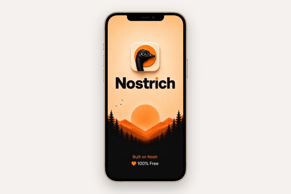 The Nostrich app's opening screen on a gold iPhone