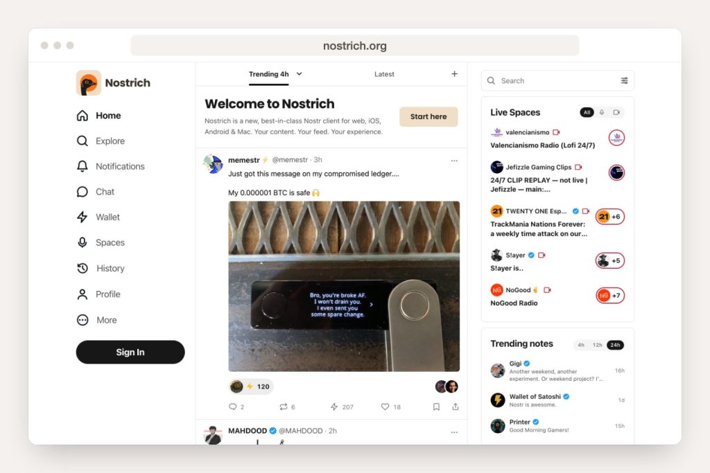 A look at the nostrich.org home page on desktop