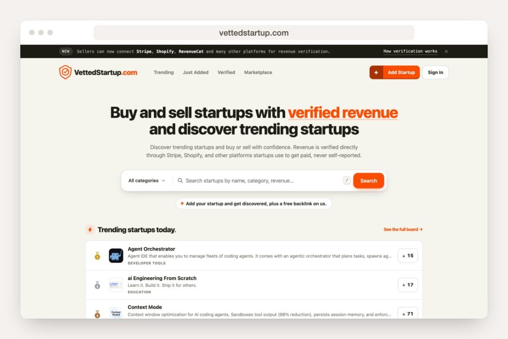 A look at the vettedstartup.com home page on desktop