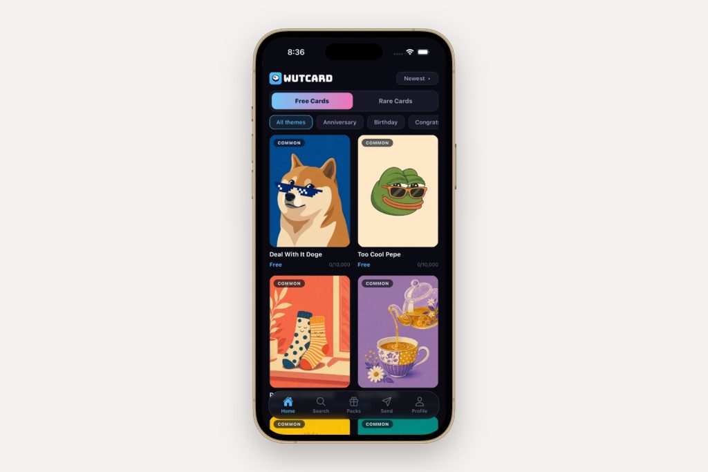 The WUTCARD app's main screen on a gold iPhone